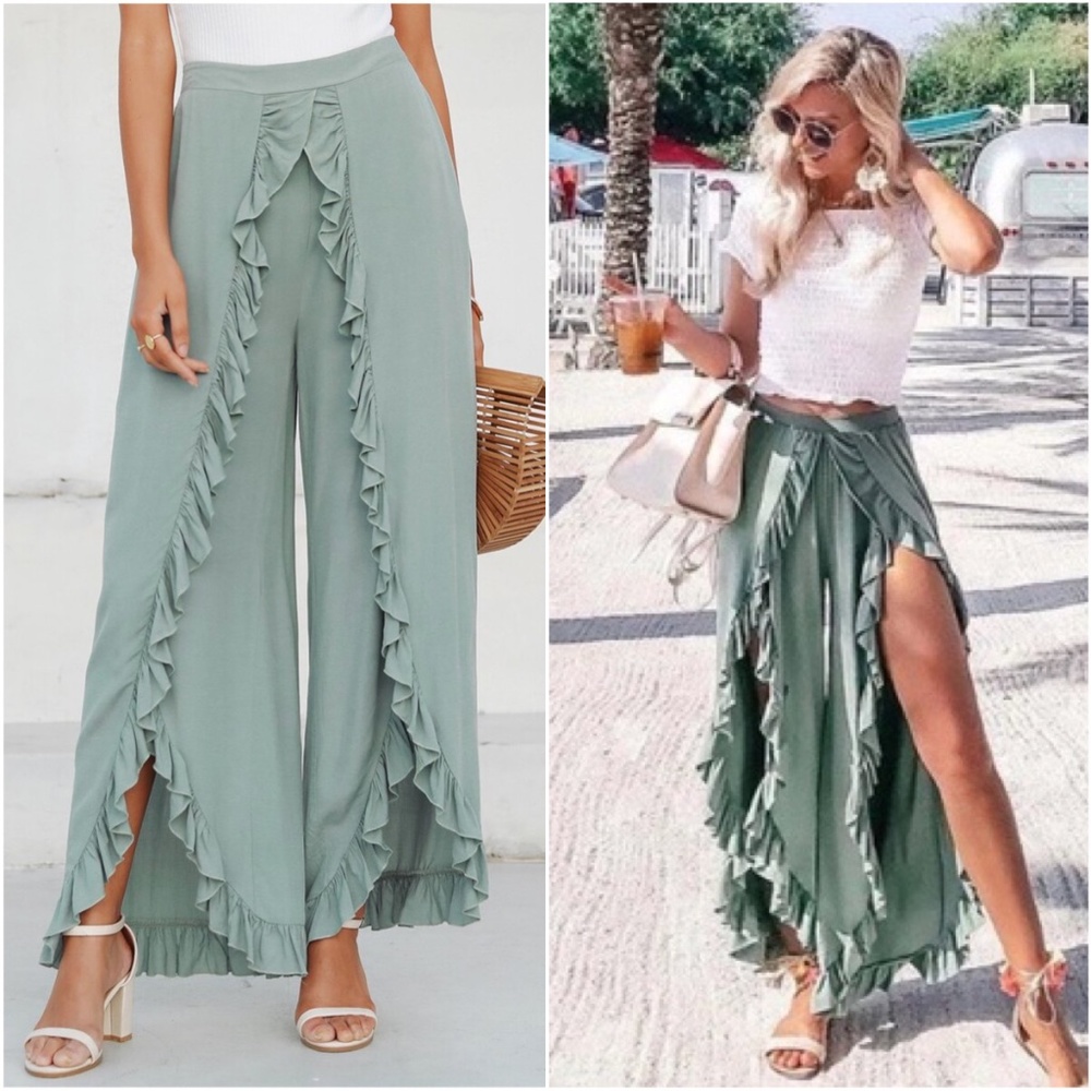 Boho sage ruffle detail slit palazzo pants Lounge - Picture 1 of 8